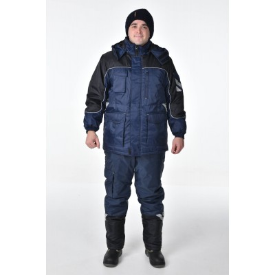 Костюм МILL - Антарес зима Оксфорд, куртка с меховым воротником и брюки тёмно-синий с черным и СОП (подкладка флис)